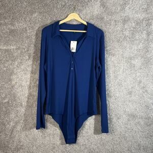 Violet & Roses Bodysuit Womens XL Blue Ribbed Long Sleeve V-Neck Half Button